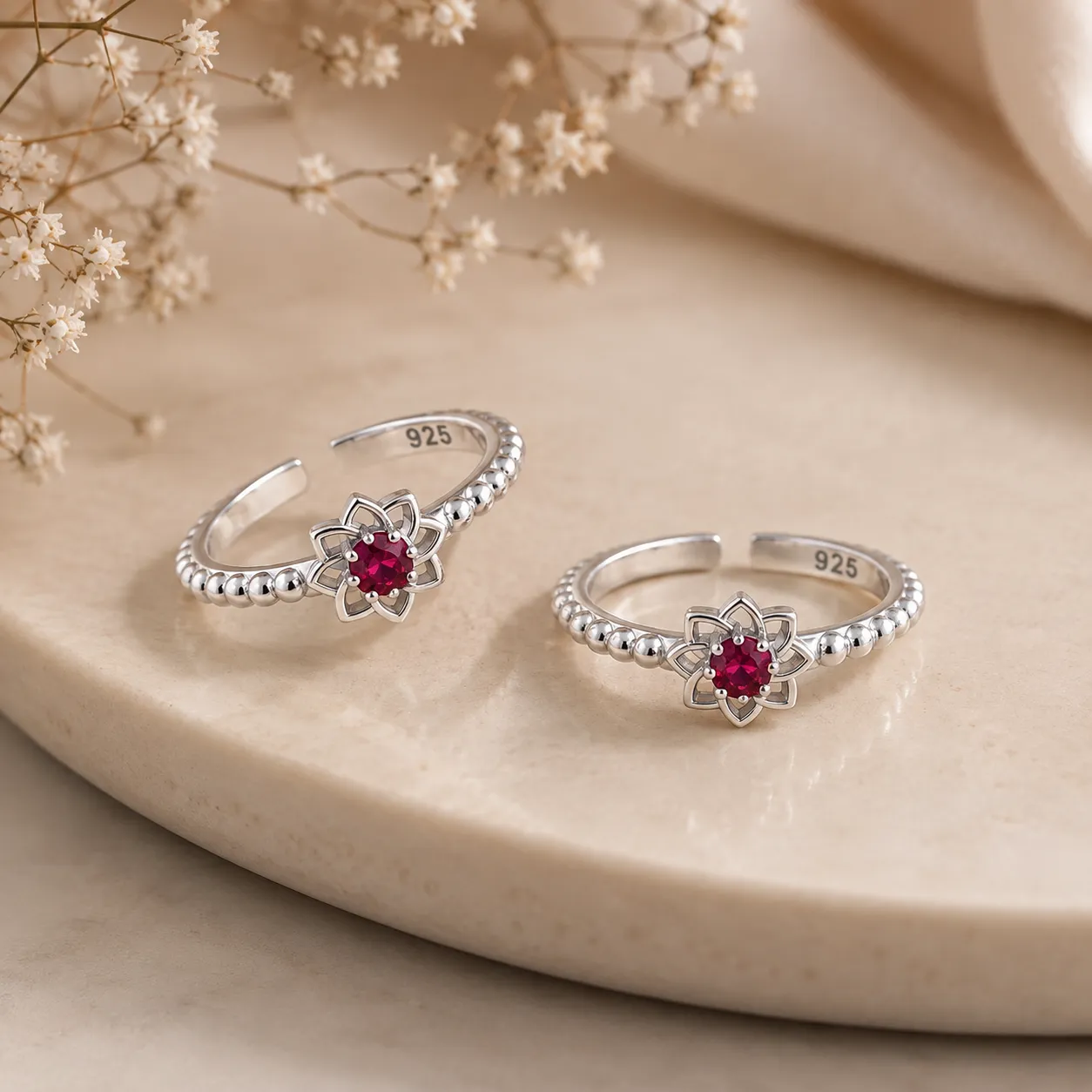925 Sterling Silver Ruby Lotus Ring / Toe Ring